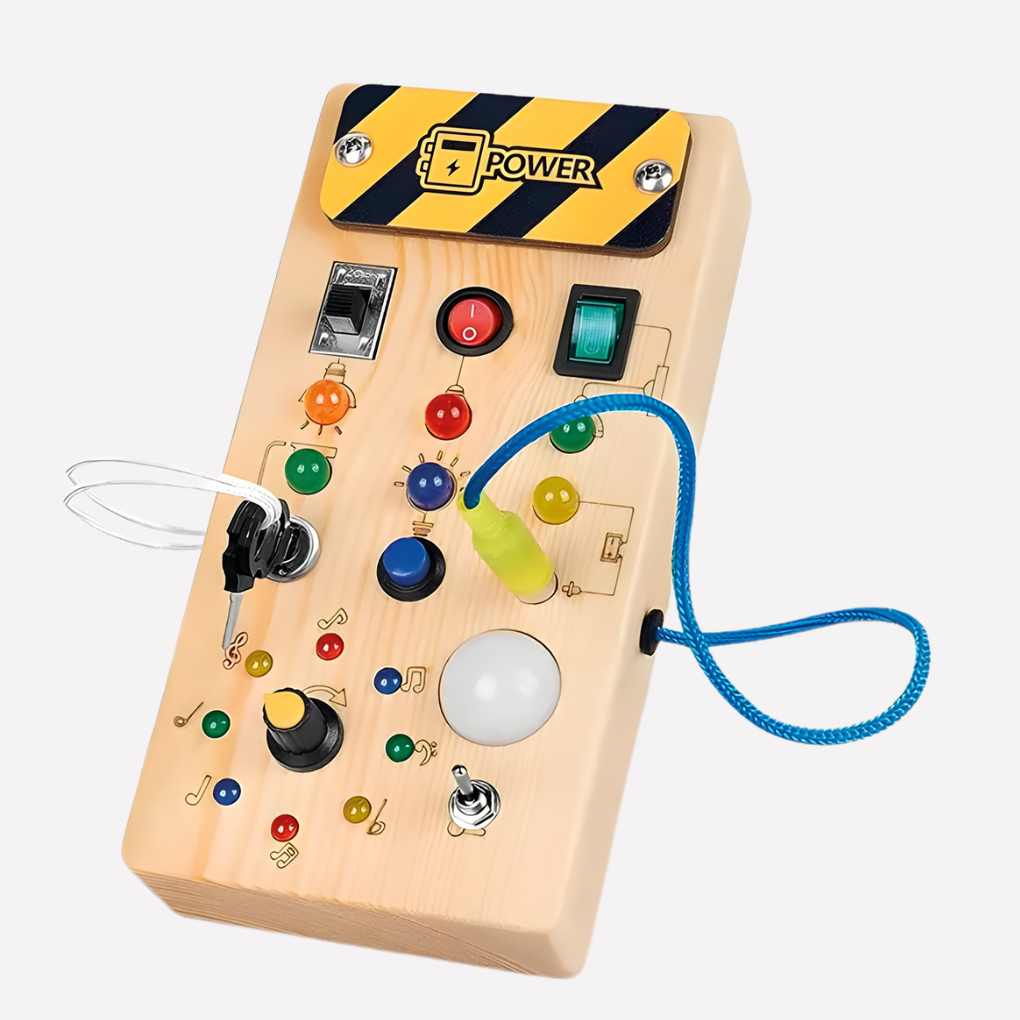 Montessori drukbord van hout met LED licht voor peuters; stimuleert fijne motoriek en sensorische ontwikkeling.