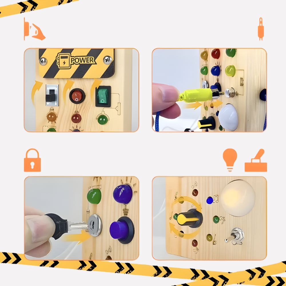 Educatief houten Montessori drukbord voor kinderen met interactieve LED lampjes; ideaal voor sensorisch leren.