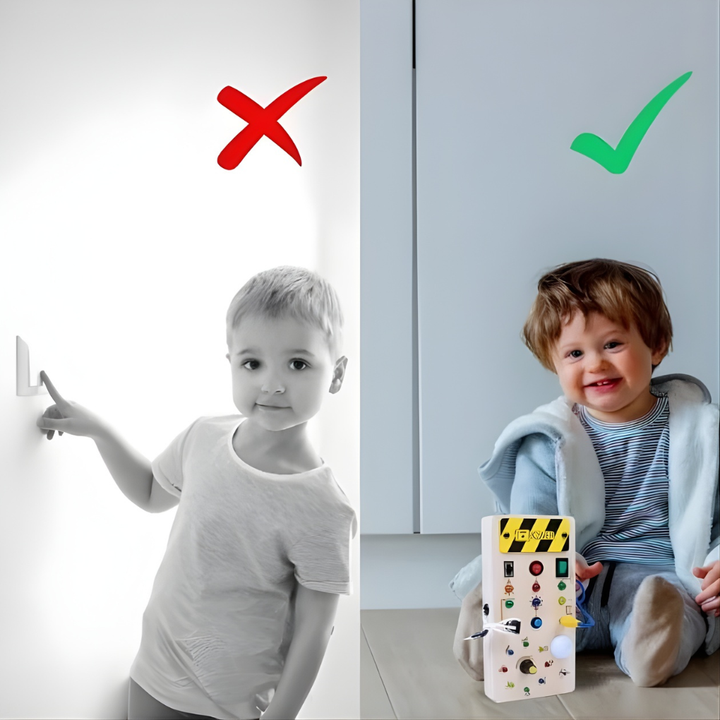 Houten Montessori drukbord met LED licht, educatief speelgoed voor kinderen; stimuleert concentratie en motorische vaardigheden.