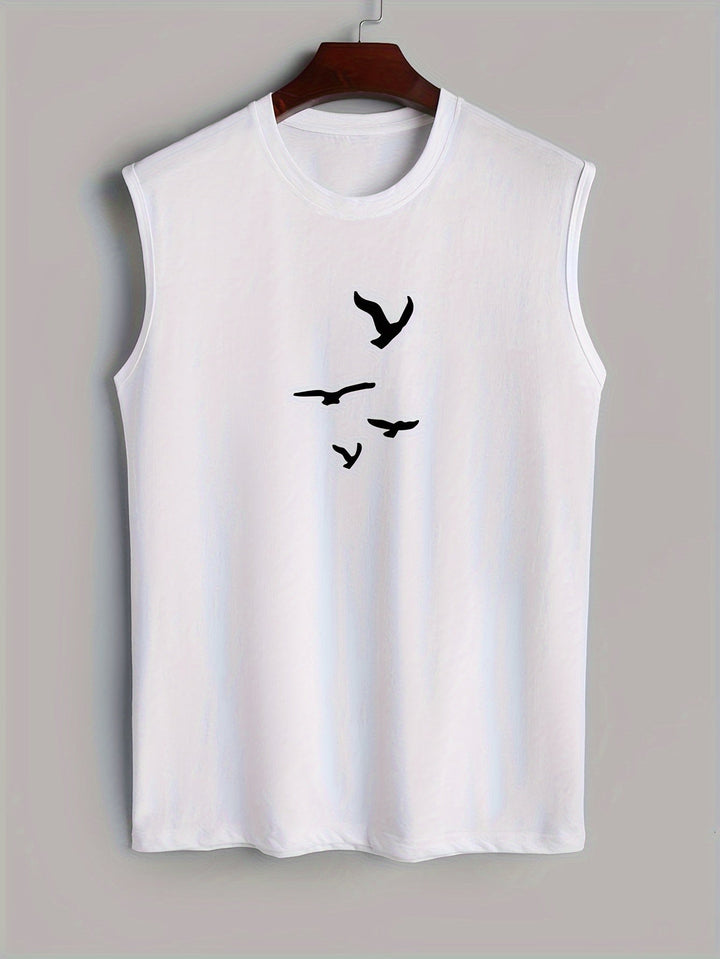 Luchtig katoenen mouwloos heren shirt met gedetailleerde vogelprint. Comfortabele zomer top voor heren mode.
