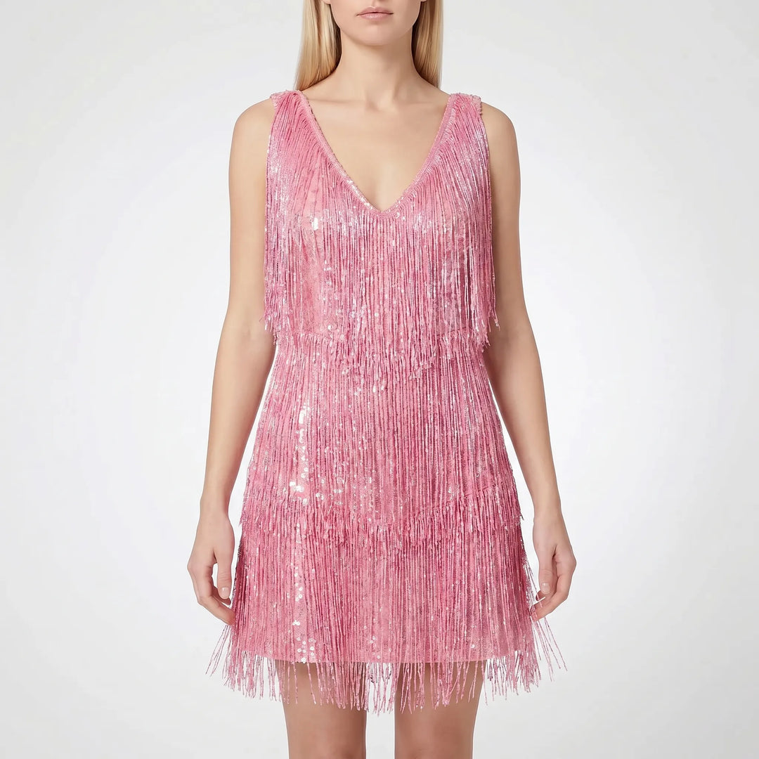 Feestelijke mouwloze dames mini jurk met stralende fringe; een glamorous cocktailjurk voor elke gelegenheid.