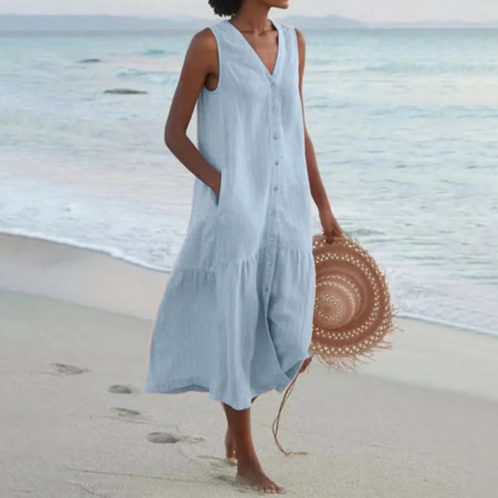 Stijlvolle casual dames zomerjurk, mouwloos met V-hals, perfect voor lente en zomer comfort.