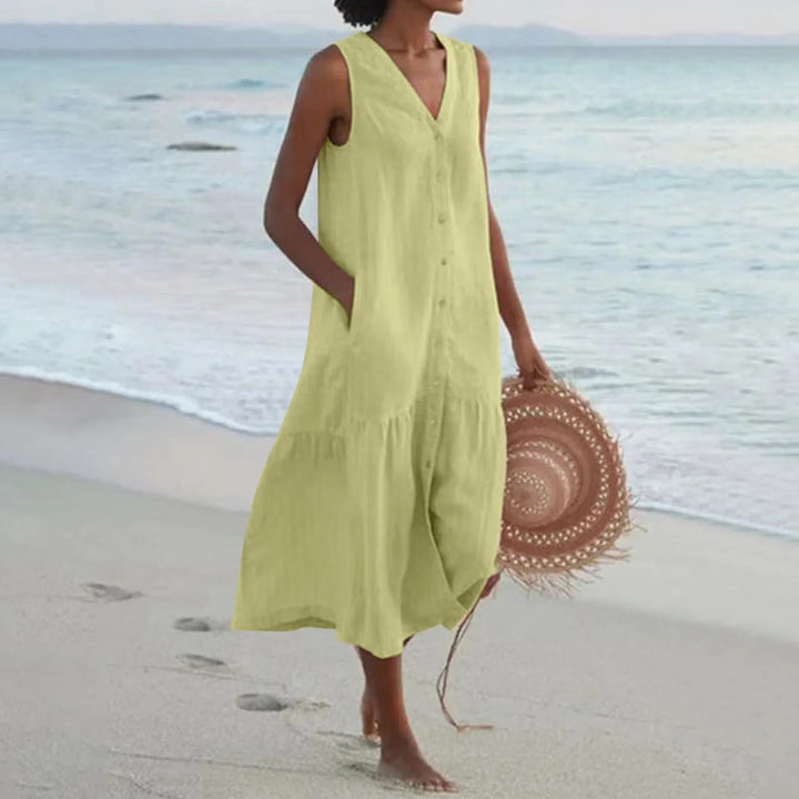 Comfortabele boho dames zomerjurk met V-hals, mouwloos, perfect als strandjurk of vakantiejurk.