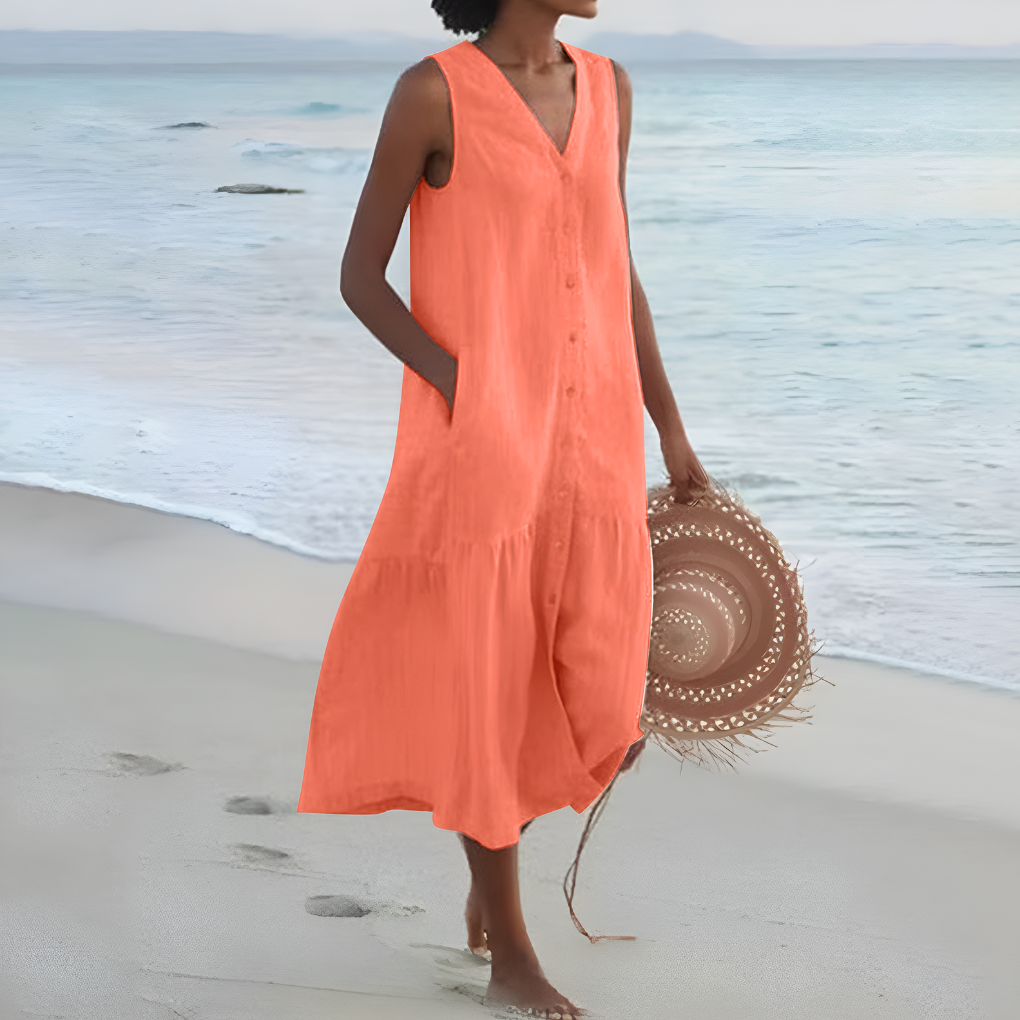 Casual mouwloze zomerjurk voor dames met een elegante V-hals, comfortabel en stijlvol voor elke zomerse dag.