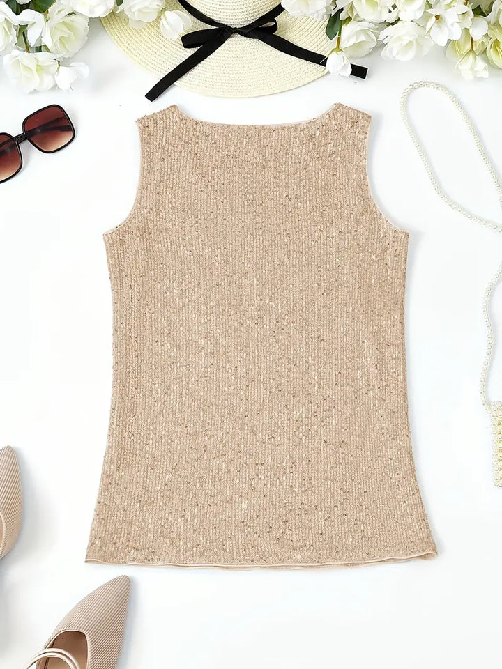 "Mouwloze top met V-hals, pailletten, elegante uitstraling, lichte stof; perfect voor zomer en avondjes uit."