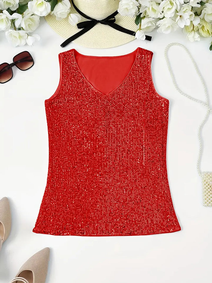 "Mouwloze top met V-hals, pailletten, elegante uitstraling, lichte stof; perfect voor zomer en avondjes uit."