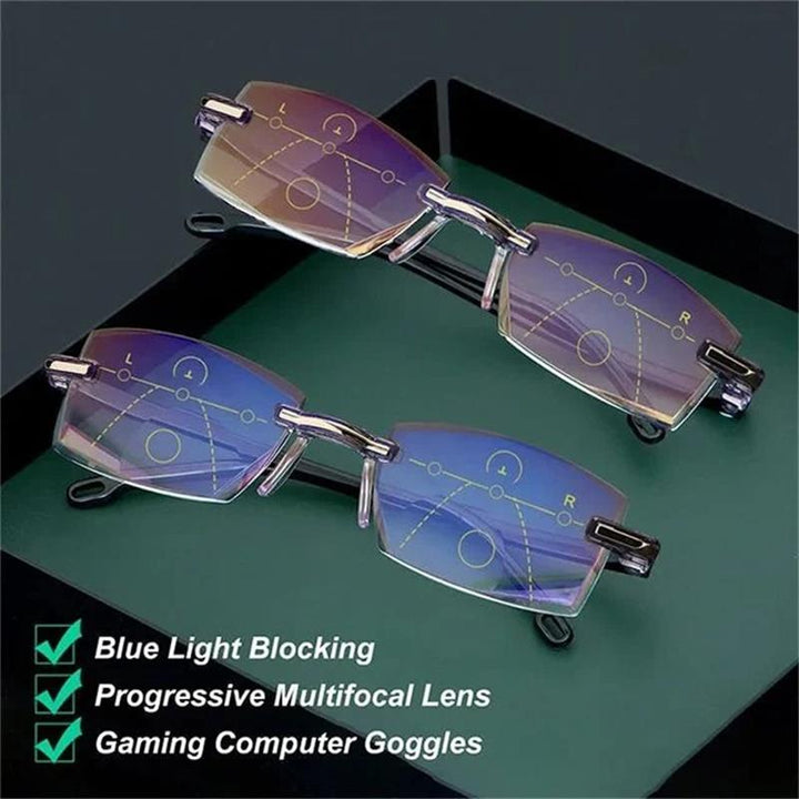 Multifocale VisionGuard bril met blauwlichtfilter voor dames en heren; helder zicht en oogbescherming bij schermen.