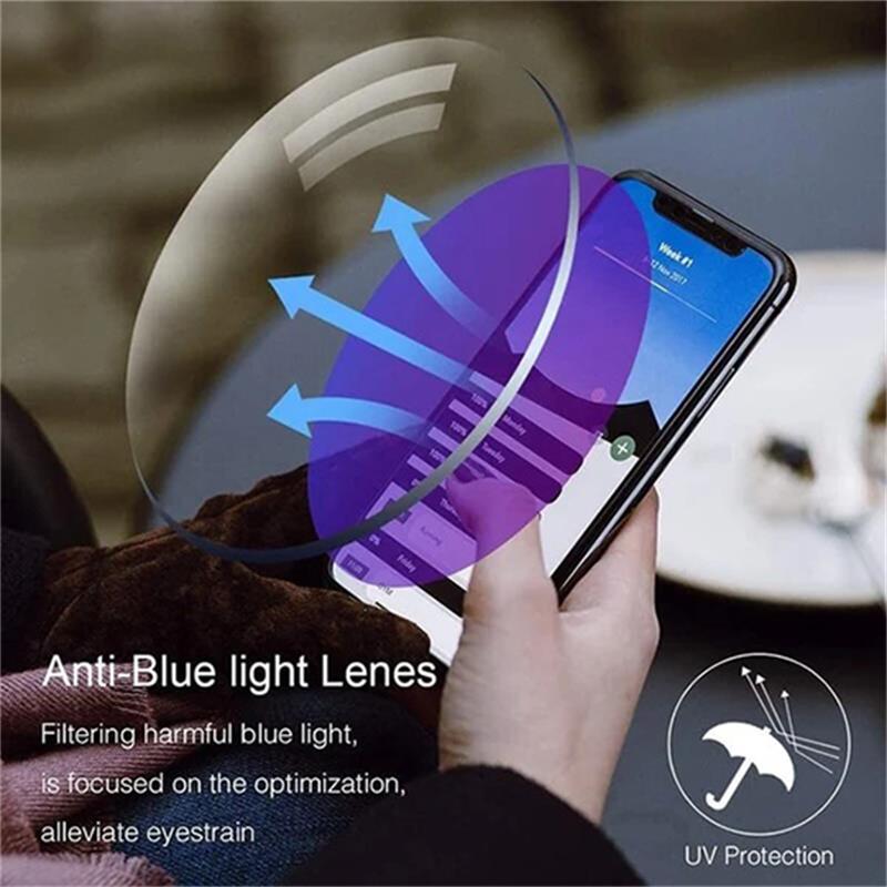 Lichtgewicht multifocale schermbril met blauwlichtfilter; vermindert vermoeide ogen en verbetert zicht.