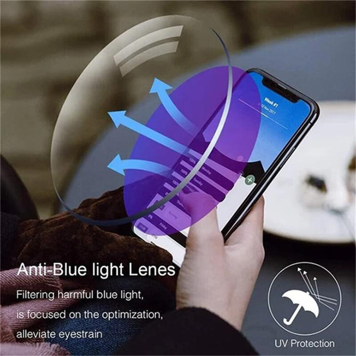 Lichtgewicht multifocale schermbril met blauwlichtfilter; vermindert vermoeide ogen en verbetert zicht.