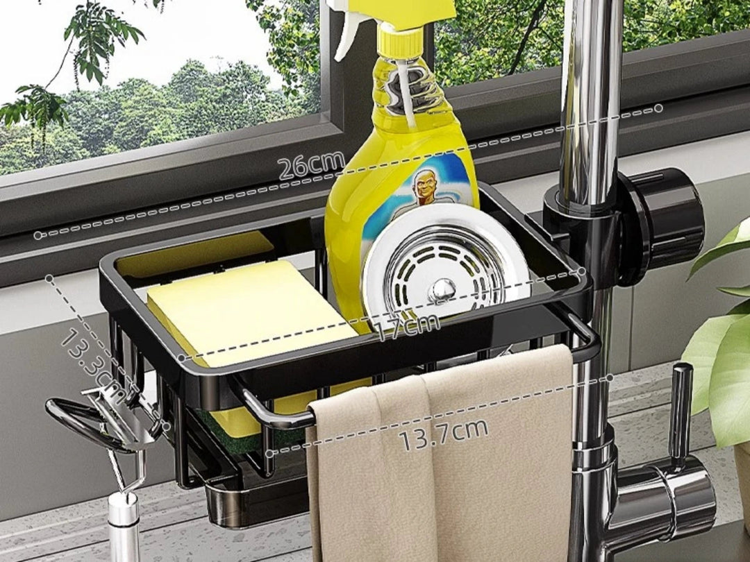 Duurzame aluminium keuken organizer, perfect als gootsteenrek met plek voor sponzen en borstels. Hygiënisch.