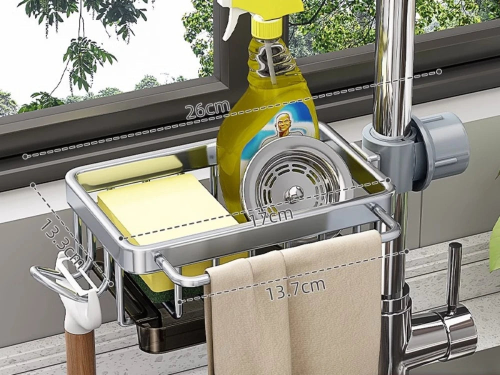 Stijlvolle, moderne aluminium gootsteen organizer; een onmisbaar keukenaccessoire voor een net en opgeruimd aanrecht.