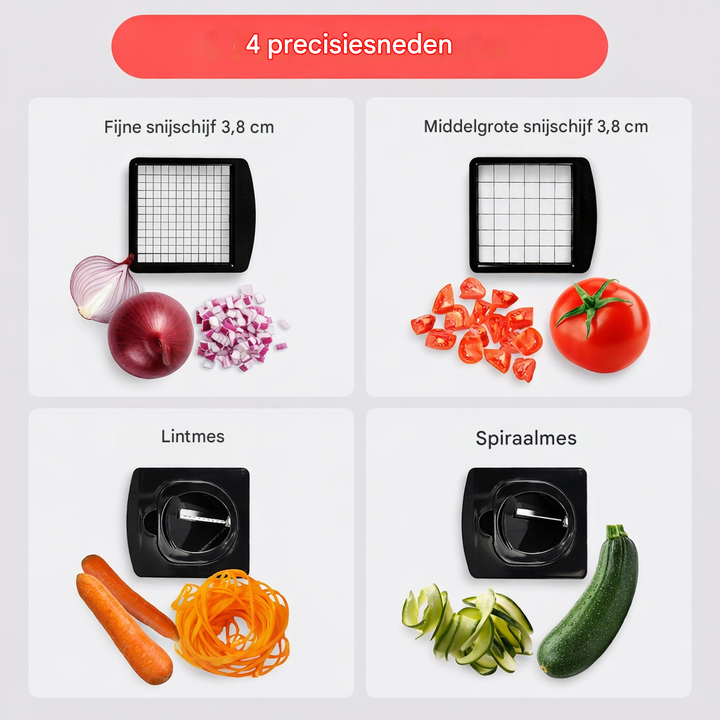 Veelzijdige keukenaccessoire: groentensnijder en spiralizer voor efficiënt snijden en raspen van groenten.