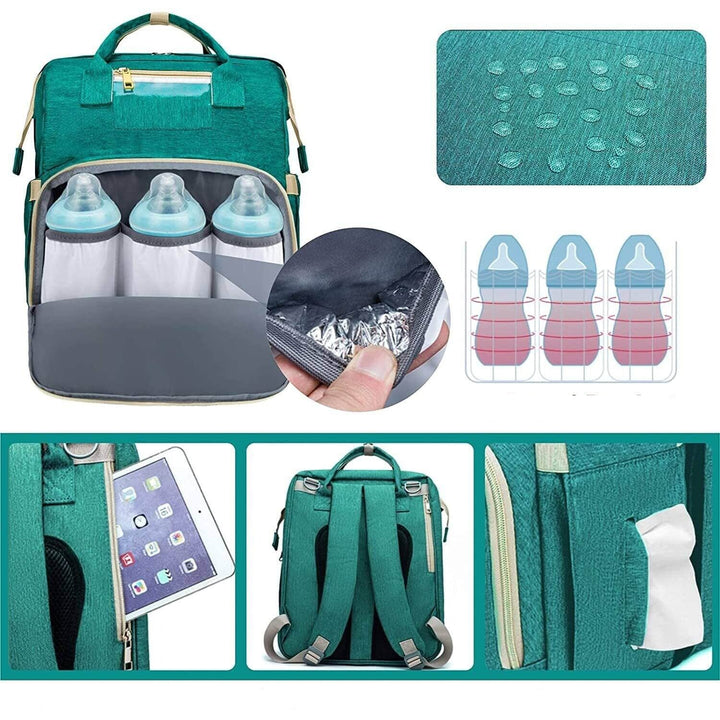 Stijlvolle luiertas met ingebouwd opklapbaar wiegje voor baby's; onmisbaar voor moderne ouders.