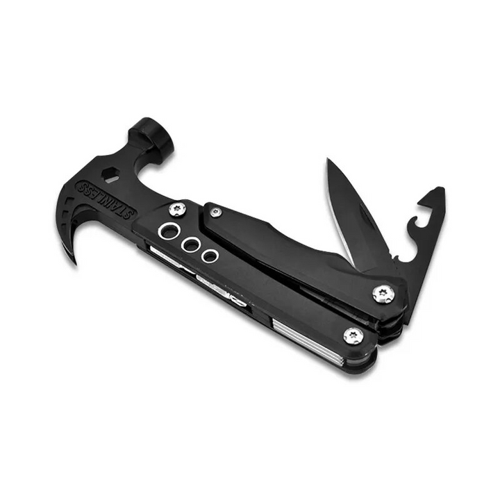 Compacte multitool ideaal voor camping, outdoor avonturen en survival; draagbaar zakgereedschap.