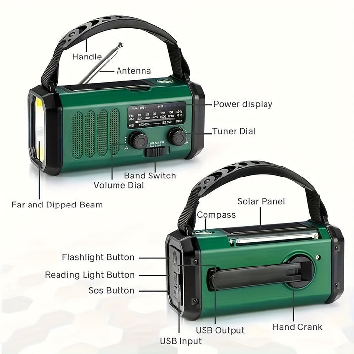 Noodradio met felle zaklamp: krachtige noodradio met heldere LED zaklamp, AM/FM radio, powerbank en handcrank, veiligheid in donkere tijden.