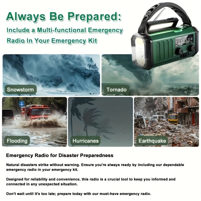 AM/FM noodradio voor informatie: betrouwbare noodradio met handcrank en zonnepaneel, ontvangt AM/FM/NOAA signalen, belangrijk voor noodgevallen.