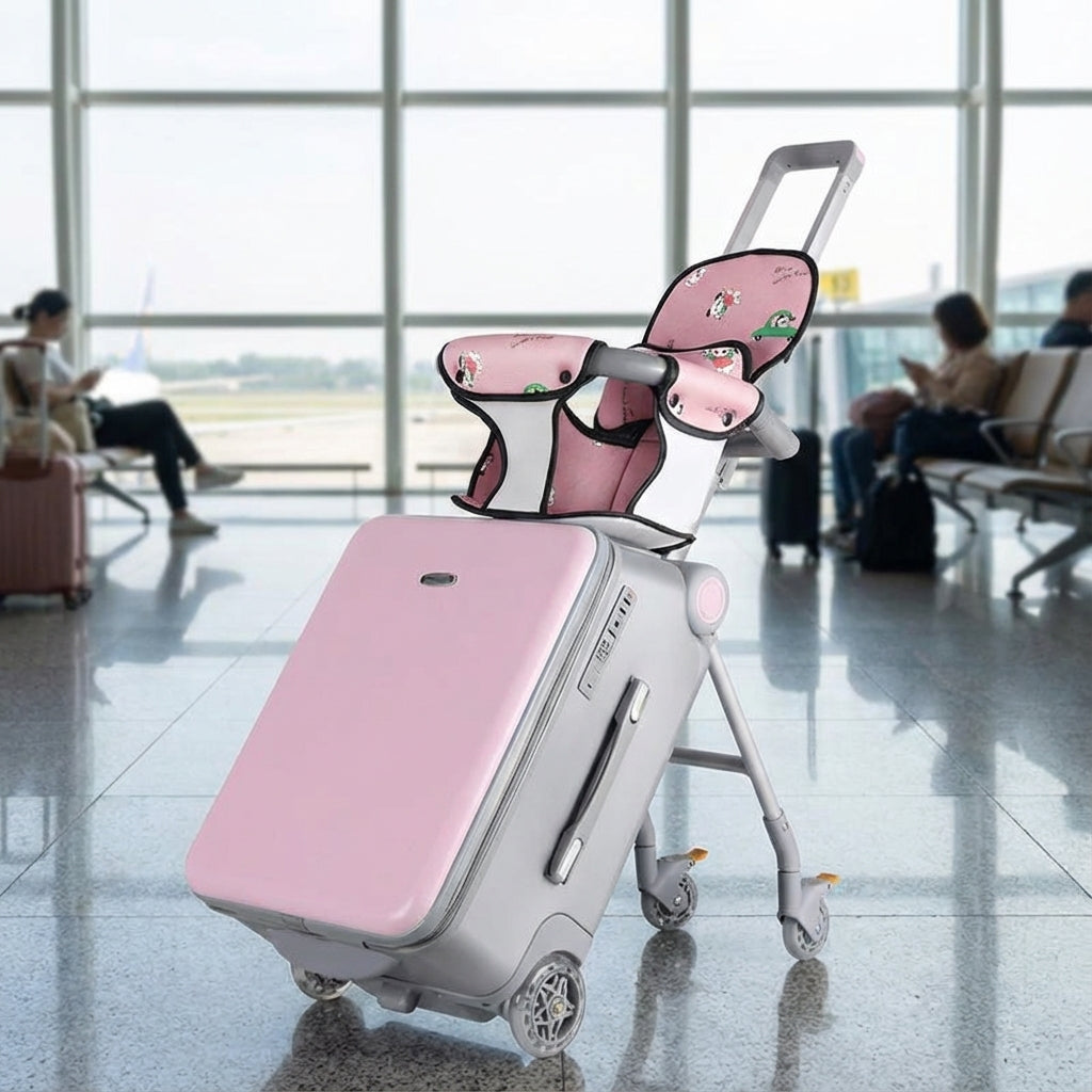 Multifunctionele RideBuddy kinderkoffer, ideaal voor gezinsreizen. Handig als ride-on en handbagage.