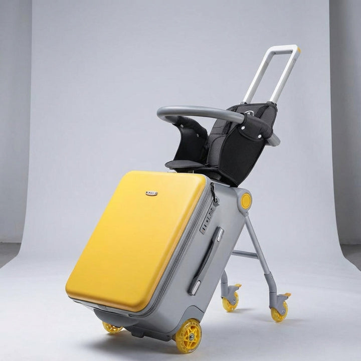 Stijlvolle RideBuddy kinderreiskoffer. Multifunctionele handbagage die kids kunnen berijden tijdens gezinsreizen.