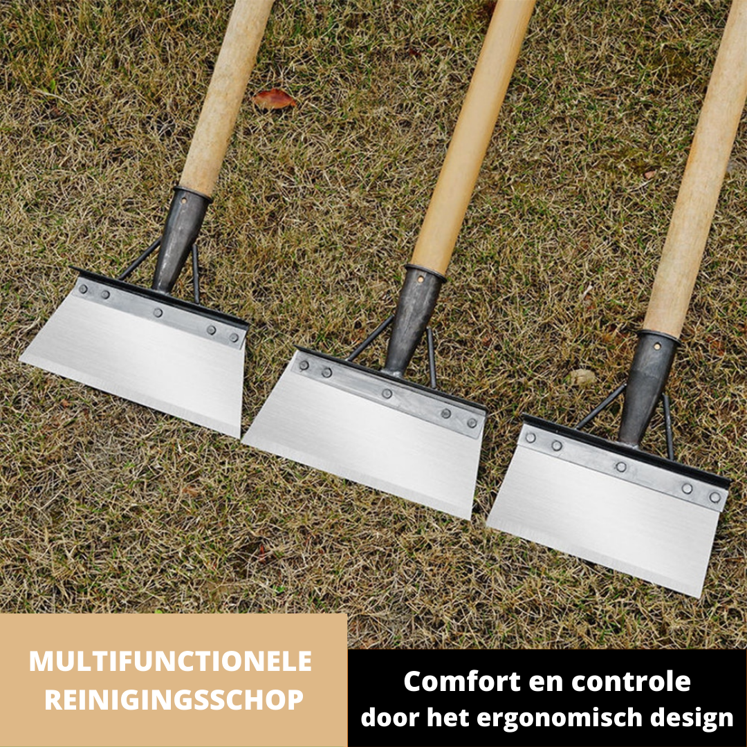 Ergonomische tuinschep voor eenvoudig planten en efficiënte onkruidverwijdering; roestvrijstaal.