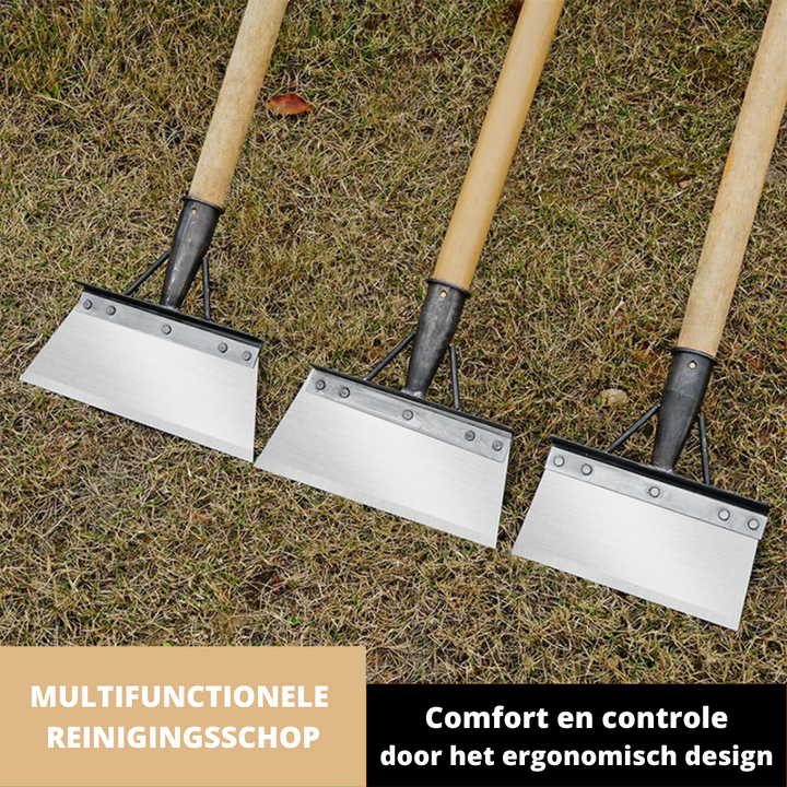Ergonomische tuinschep voor eenvoudig planten en efficiënte onkruidverwijdering; roestvrijstaal.