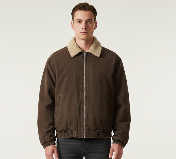 Bruine heren vintage fleece jas met opstaande kraag aan voorzijde