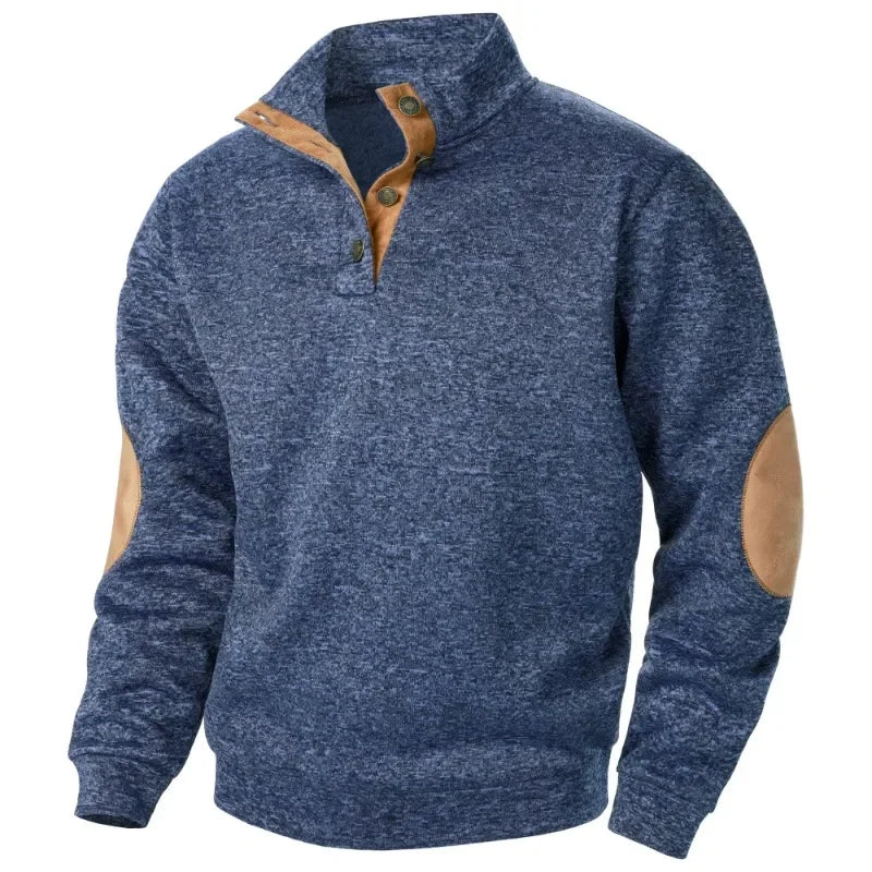 Man draagt nieuw heren V-hals sweatshirt. Comfortabele, casual en flexibele lente/zomer kleding.