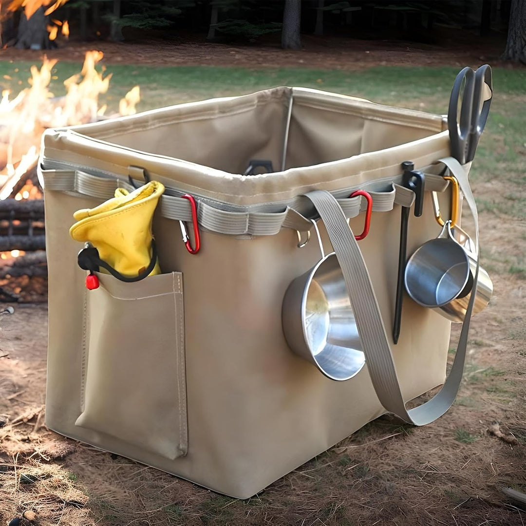 Opvouwbare camping organisatie tas, handig voor compacte opslag van kampeerspullen.