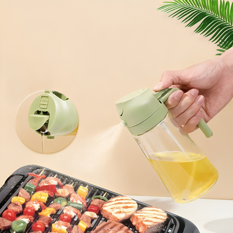 OilLux oliedispenser spuit fijne nevel op salade, perfecte porties voor culinair genot.