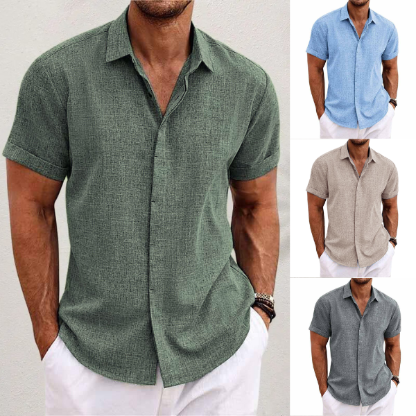 "Oliver korte mouwen overhemd, katoen en linnen, ademend, casual stijl, zomerse outfit, blauw, modieuze look"