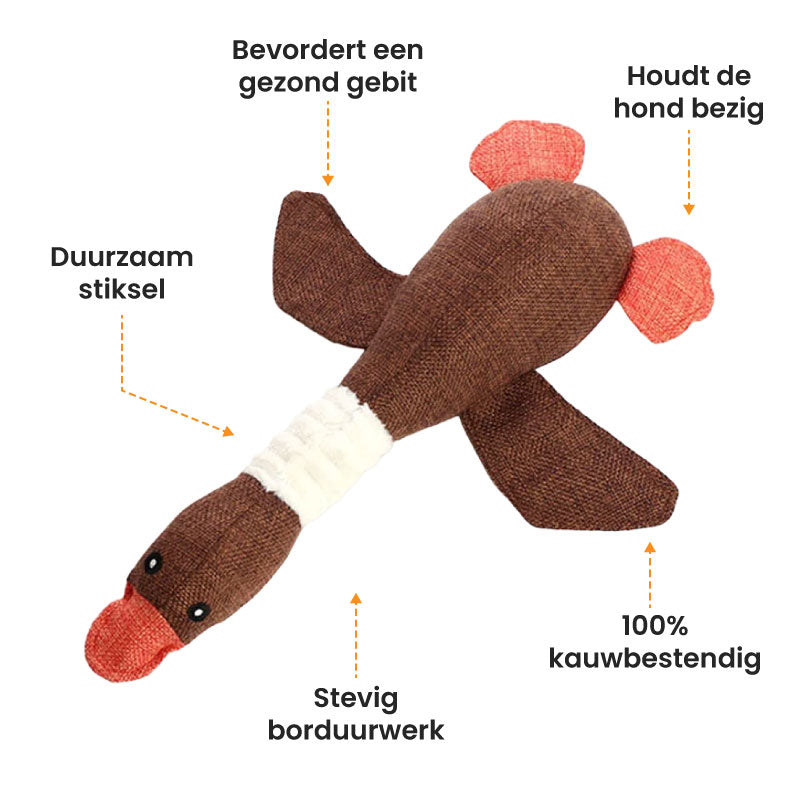 Robuust hondenspeeltje voor tandverzorging; helpt tanden reinigen en tandvlees masseren tijdens het spelen.