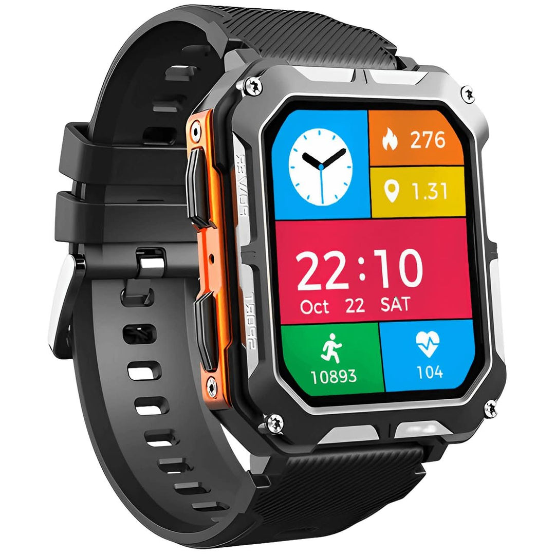 Robuuste heren smartwatch: Zwarte ArmorTime met schokbestendig design, ideaal voor avontuur en sportieve activiteiten.