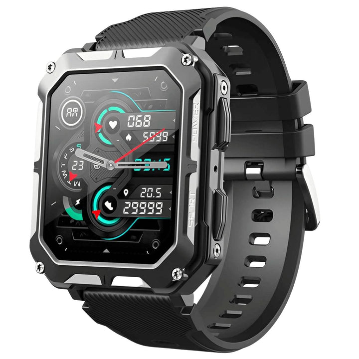 Robuust outdoor horloge: Zwarte ArmorTime smartwatch, waterdicht en schokbestendig, geschikt voor elke avonturier.