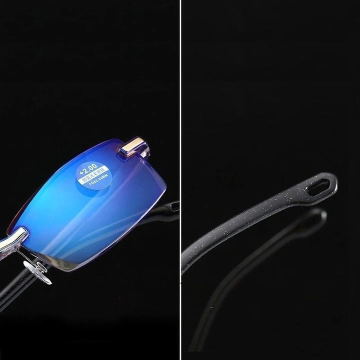 Multifocale leesbril met blauwlichtfilter voor digitale schermen, biedt oogbescherming en helder zicht.