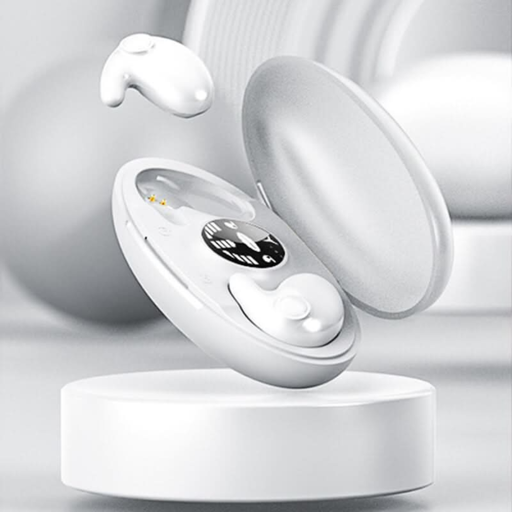 Compacte Bluetooth slaap oordopjes; comfortabel in-ear ontwerp voor langdurig nachtelijk luisteren en audio stilte.