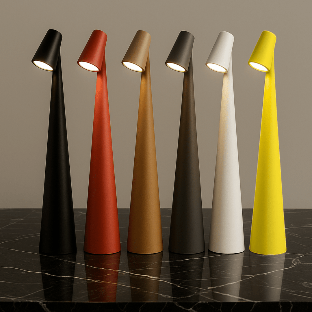 Oplaadbare LED tafellamp, draadloos voor binnen en buiten, modern design en sfeervol licht.