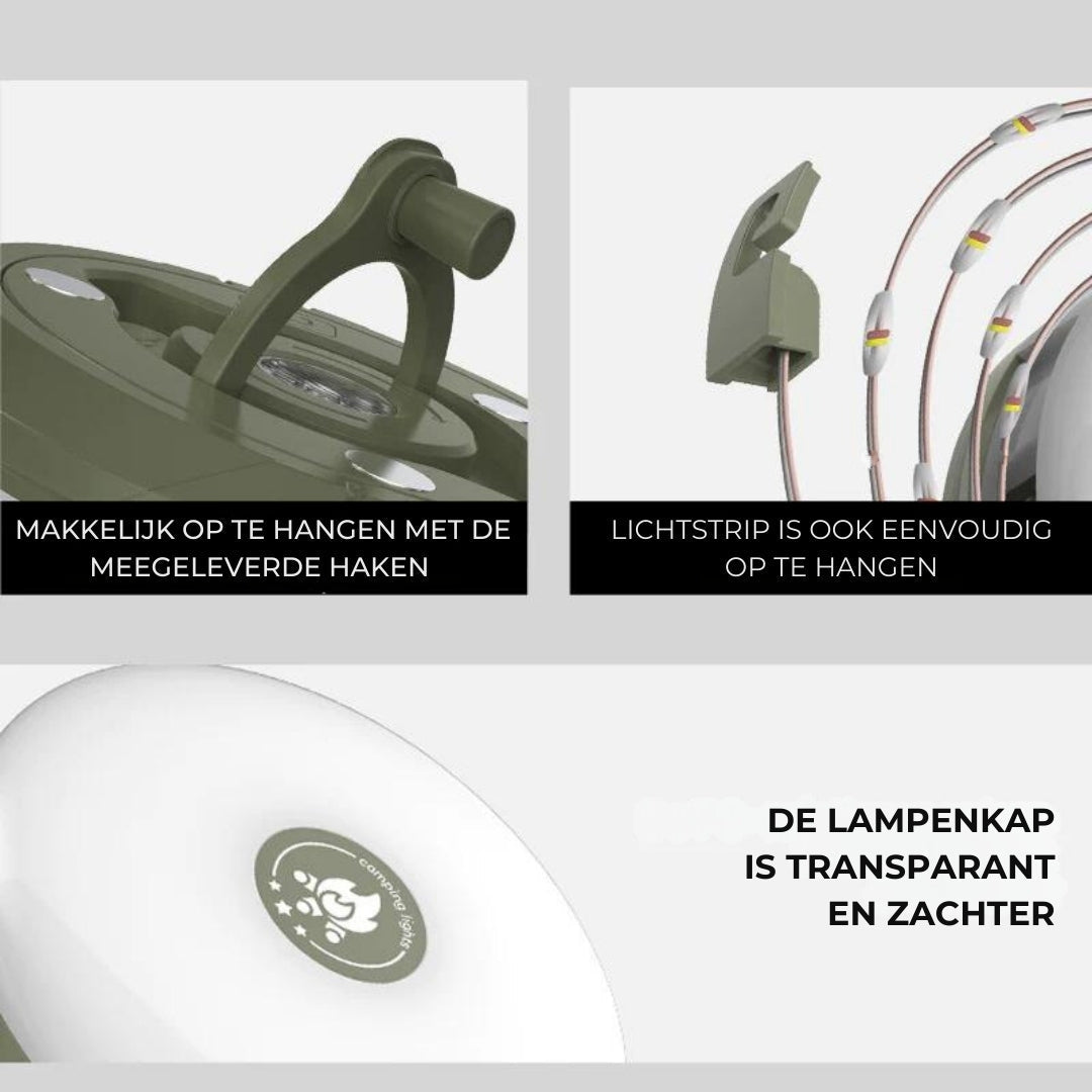 Draagbare oprolbare LED buitenverlichting, op te laden en te gebruiken als powerbank.