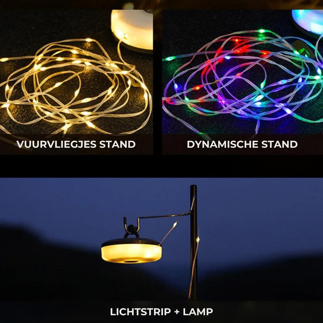 Compacte oplaadbare LED buitenlamp, ideaal als oprolbare tuin- of feestverlichting.