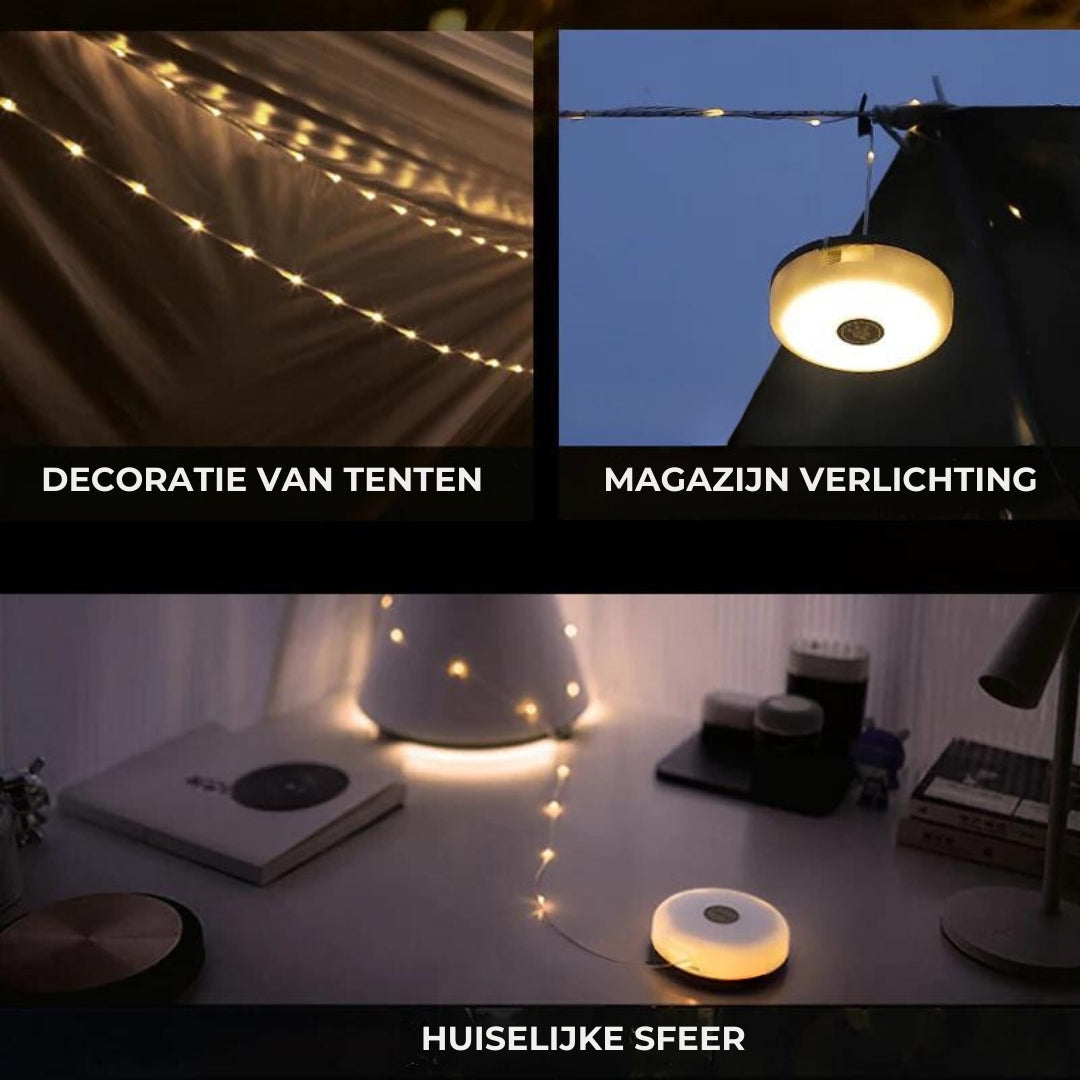 Oprolbare LED buitenverlichting, makkelijk mee te nemen voor kampeerlamp of terras sfeerverlichting.