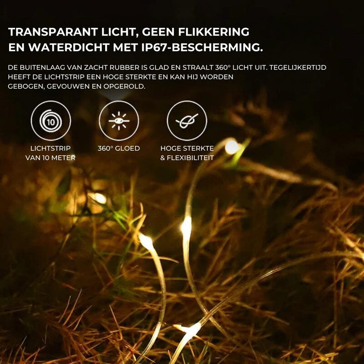 Compact opgerolde waterdichte LED buitenlamp, perfect voor draagbare tuin- en kampeerverlichting.