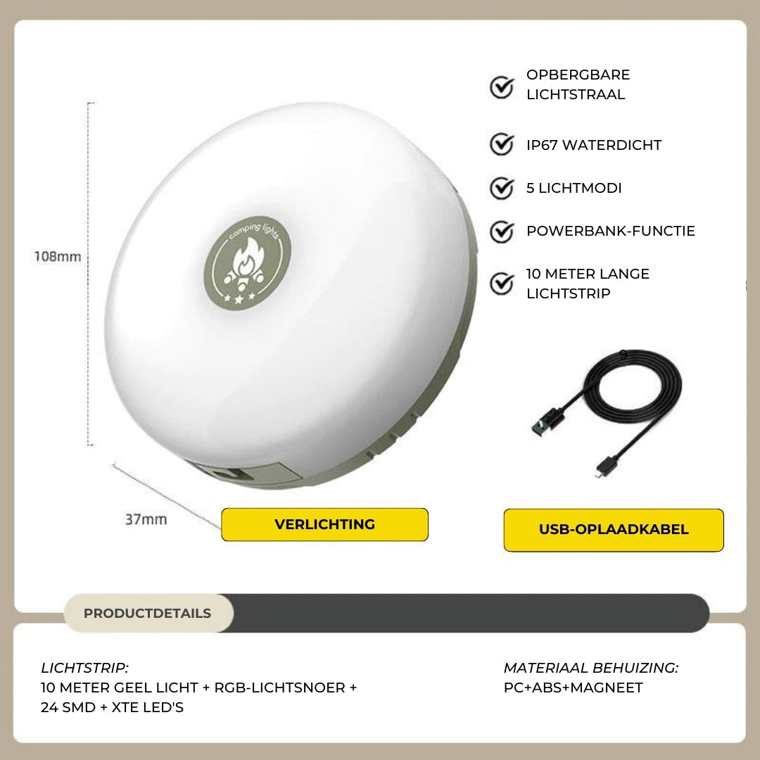 Weerbestendige oplaadbare LED buitenlamp, oprolbaar en ideaal als tuin- of feestverlichting.