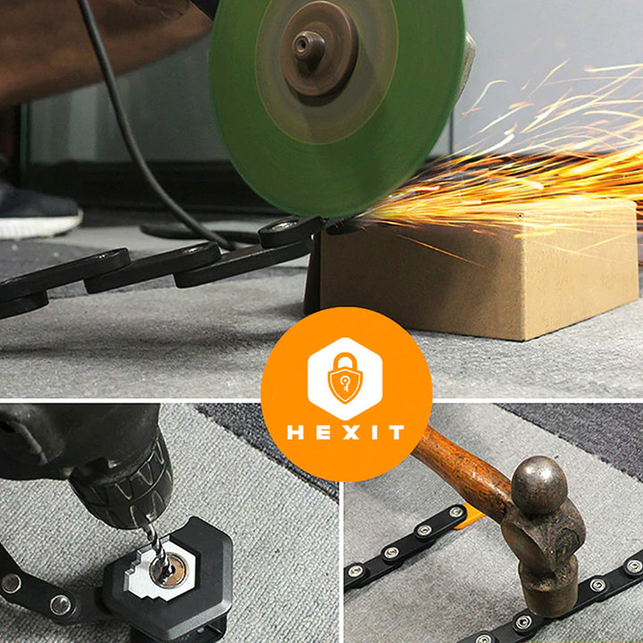 Detail opvouwbaar fietsslot; innovatief mechanisme voor compacte opslag, sterk antidiefstal slot.