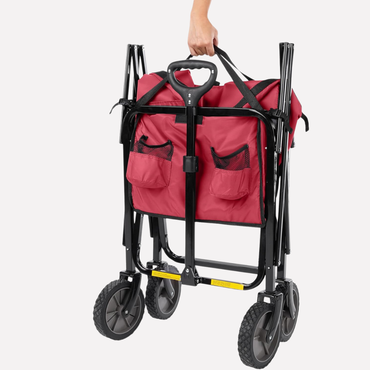 Compact opgevouwen transportwagen, ruimtebesparend en makkelijk op te bergen in huis of auto.