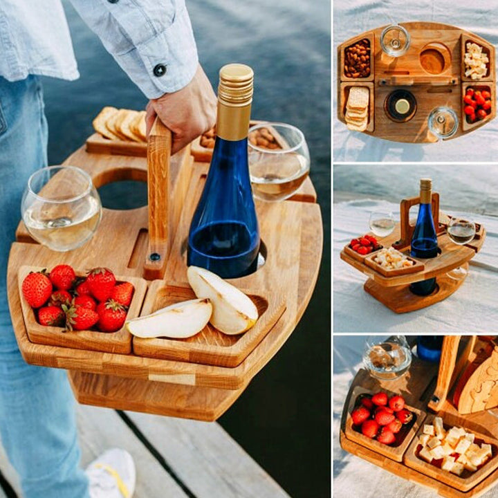 Compacte houten picknicktafel met wijnhouder, ideaal voor romantische picknicks, reizen en buitenleven.