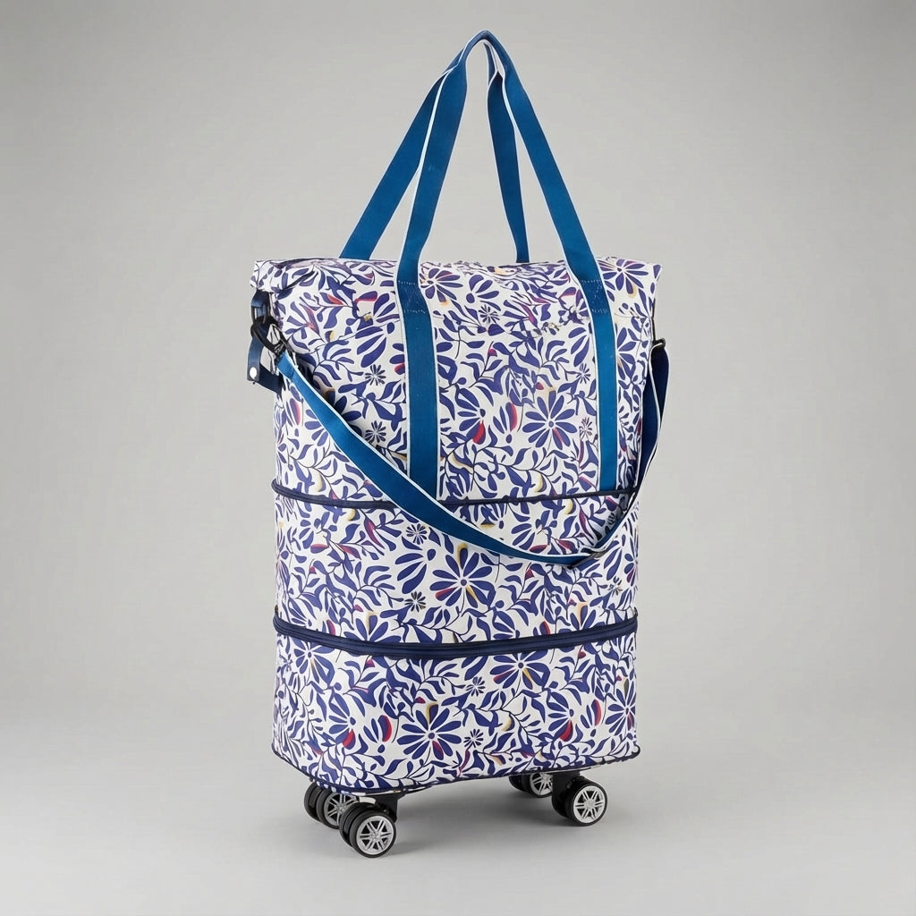 Reiziger gebruikt de opvouwbare rolduffel trolley reistas met wielen; perfecte reisgezel duffelbag.