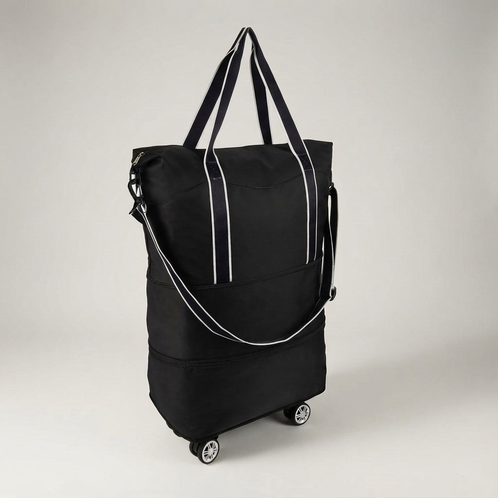 Compacte opvouwbare rolduffel reistas van duurzaam polyester met wielen, ideaal als handbagage trolley.