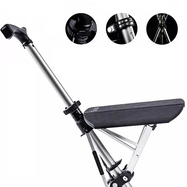 Compacte opvouwbare wandelstok met zitje, perfect voor reizen en ouderen. Biedt stabiliteit en een snelle zitplaats.