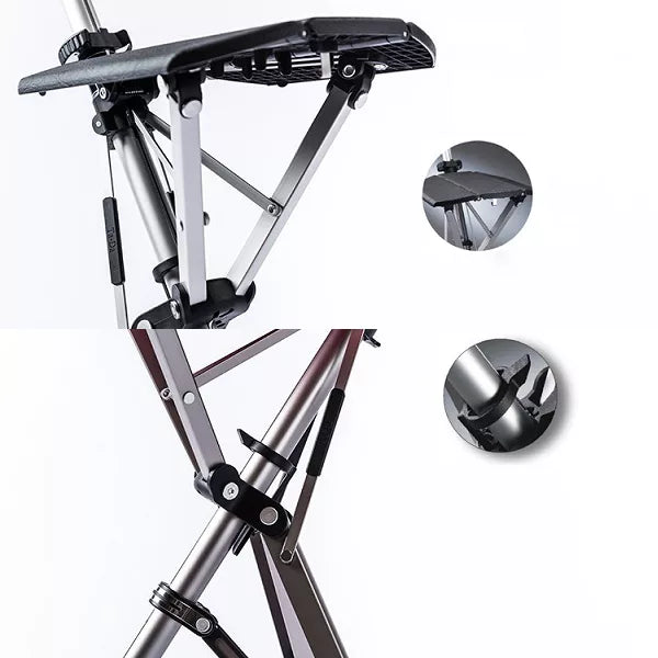 Stevige opvouwbare wandelstok met zitje voor extra stabiliteit en veiligheid. Ideaal mobiliteitshulpmiddel voor wandelaars.