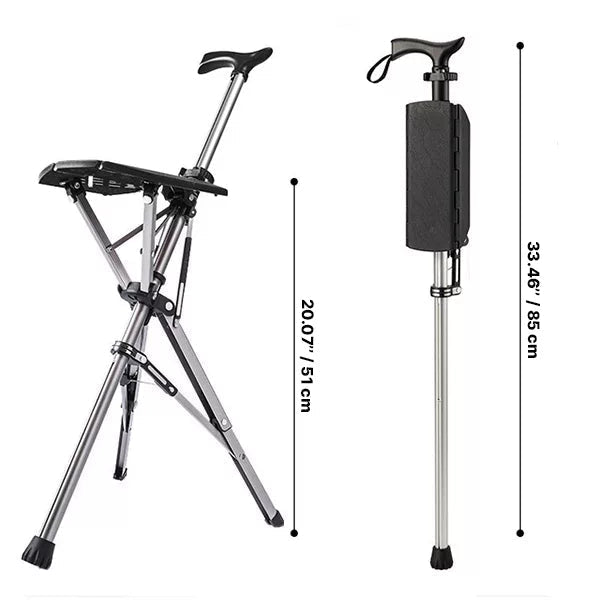 Handige opvouwbare wandelstok met zitje. Gemakkelijk mee te nemen; altijd een comfortabele zitplaats bij de hand.