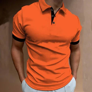 Oranje heren polo shirt, slim fit, met stijlvolle contrasterende boorden. Ideaal voor zomer en casual look.