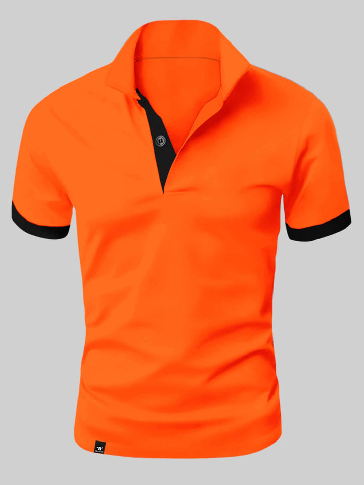 Oranje Hoymans heren slim fit t-shirt met stijlvolle knoopsluiting en korte mouwen, ideaal voor zomerse casual outfits.